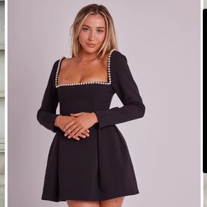 Odd Muse Elegant Black Square-Neck Pearl Trim Mini Dress